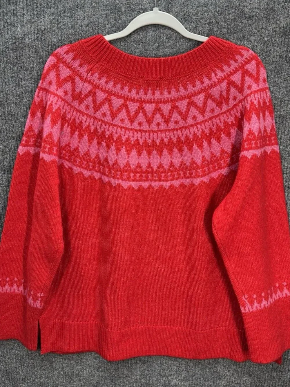 Talbots Fair Isle Sweater Womens 2X Red Pink Wool Blend Crew Neck Side Splits - Picture 3 of 9